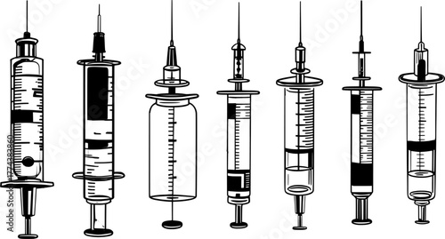 Medical syringe vector illustration set. Hand drawn injection tools for healthcare, vaccine, and hospital concept.