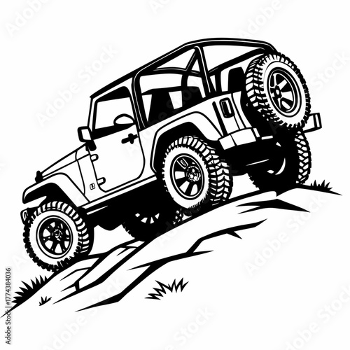 Black and white drawing of a jeep isolated on white
