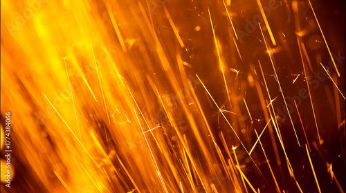 weld. Abstract close-up of orange sparks radiating from an industrial metal surface. safety posters, maintenance manuals, designed for precision metalworking and fabrication facilities.