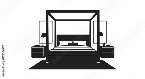 Minimalist four-poster bed with bedside tables and lamps, creating a serene bedroom sanctuary.
