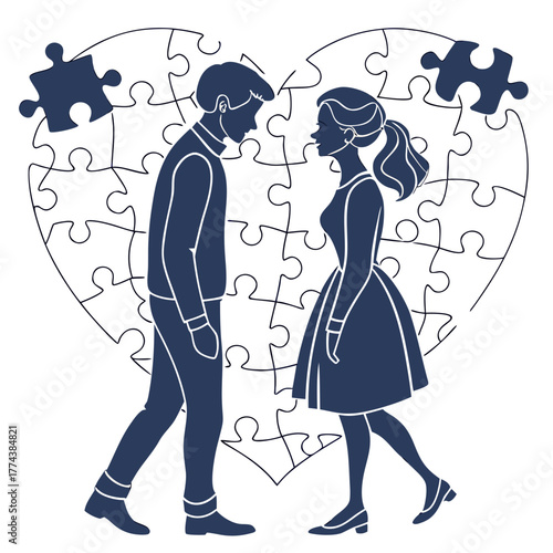 Couple in love with heart puzzle