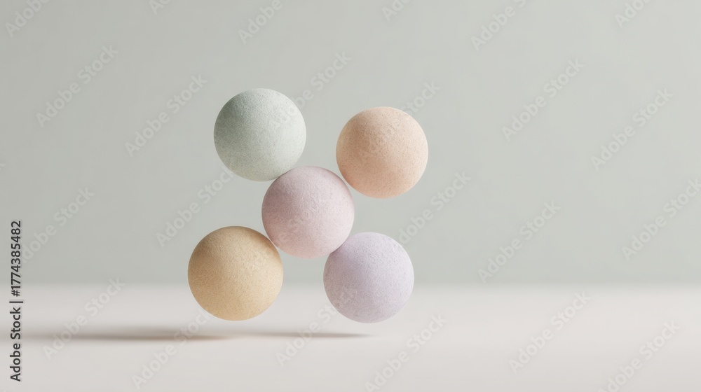 Fototapeta premium Group of six spherical objects arranged in a pyramid-like formation on a plain white background. the objects appear to be made of a soft, pastel-colored material, possibly felt or a similar material.