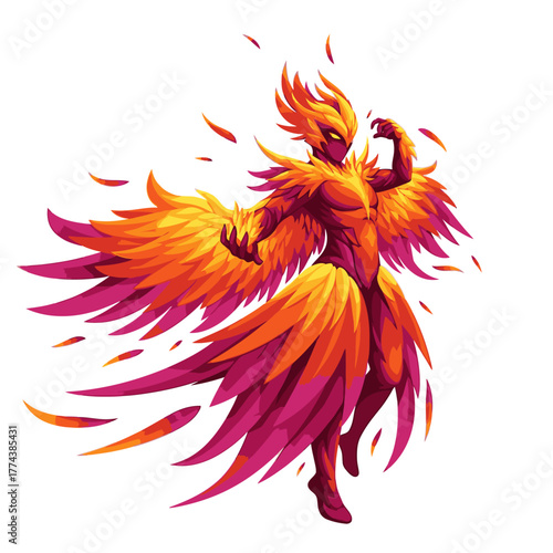 Fiery Phoenix Person: A vibrant illustration of a humanoid figure engulfed in flames and feathers.