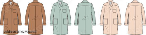 Detailed technical flat sketches showcasing a versatile trench coat design in a range of trending color palettes, ideal for fashion illustration, apparel development, and design portfolios
