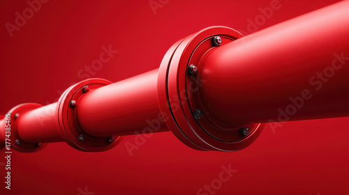 Red industrial pipeline with flanged joints and bolts in close up on red background, glossy metal texture and dramatic lighting conveying strength and tension