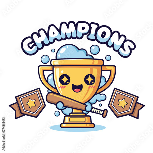 Cartoon trophy with a cute face holding a baseball bat with the word champions above it.