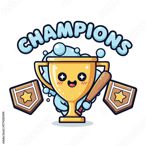 A cute kawaii champion trophy character holding a baseball bat with bubbles and emblems.