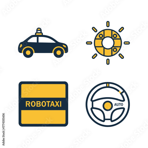 Autonomous vehicle icons: car, lidar, sign, steering wheel.