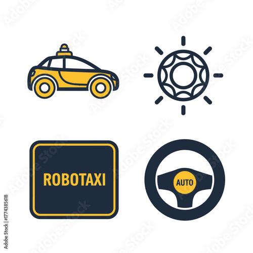 A set of four icons representing robotaxi and autonomous driving technology concepts.