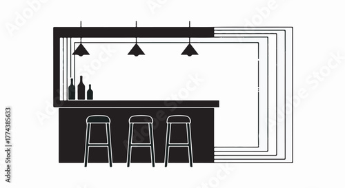 Modern minimalist bar counter with stools and bottles, clean interior design concept