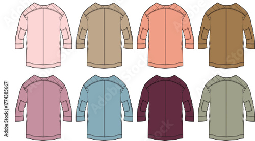 Variety of Fashion Tops Exploring Color Palettes and Sleeve Designs for Apparel Concepts
