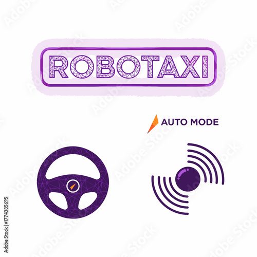 Image features a 'ROBOTAXI' logo, steering wheel, and a radar-like icon, suggesting autonomous vehicle technology.