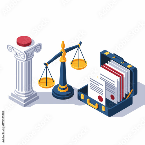 Isometric illustration of legal symbols including a column, scales of justice, and a briefcase full of documents.