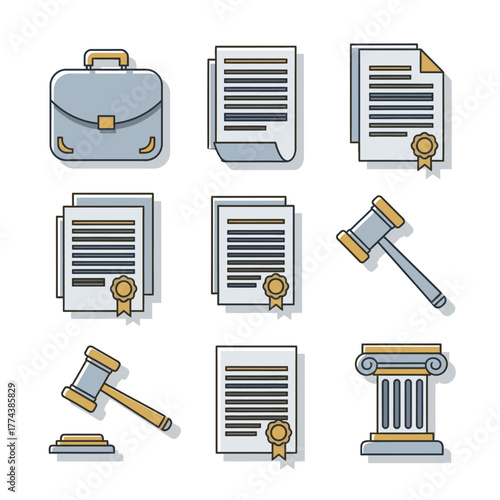 Law and Justice Icons: Briefcase, Documents, Gavel, and Column.