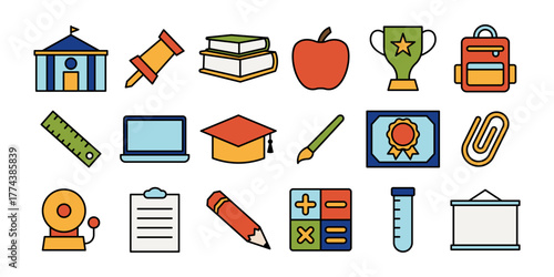 Colorful Outline Education Icon Set with School, Learning, and Stationery Symbols