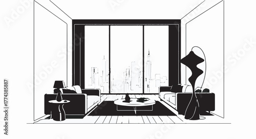 Modern minimalist living room with city view and abstract art