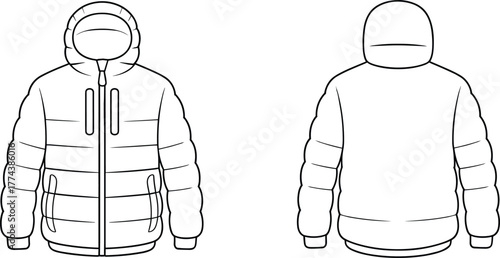 Technical sketch of winter jacket, front and back view, hooded puffer coat with zipper pockets, quilted design, fashion drawing, garment illustration