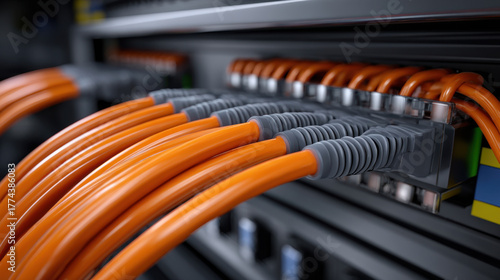 High density orange network cables connected to server patch panel in data center, organized routing and insulated connectors conveying high speed connectivity and technical precision