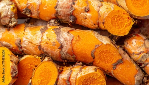 Fototapeta Naklejka Na Ścianę i Meble -  Close up turmeric root surface showing natural spice texture and organic plant food detail