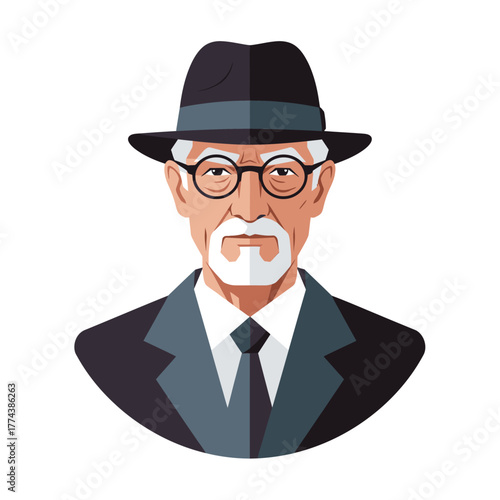 Stylized vector illustration of an older man with a white beard, round glasses, and a fedora hat, resembling Sigmund Freud.