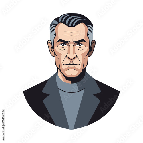 Illustration of a stern-faced, older man with gray hair, wearing a dark suit and a turtleneck.