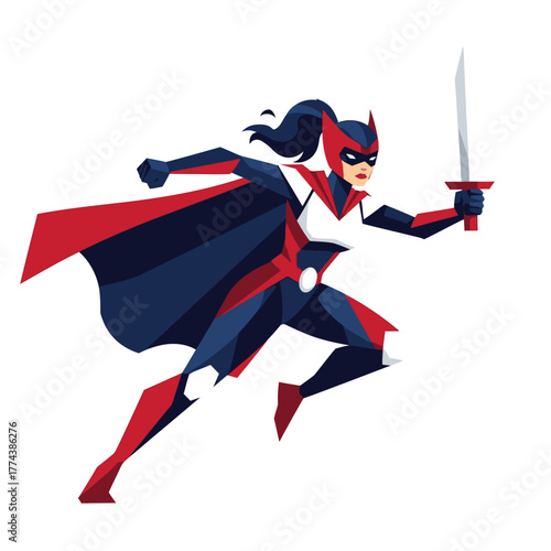 Superhero woman running with sword in hand, wearing a cape and mask.