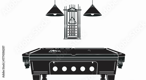 Classic billiard table ready for a game, illuminated by hanging lamps.