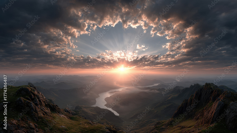 Fototapeta premium Sunset sunrise over winding river valley with dramatic cloud hole and sunrays illuminating rocky mountain ridges, misty landscape and golden orange light creating serene awe