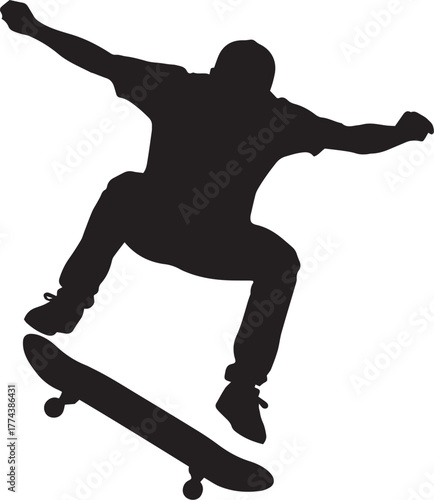 "Skateboarding Silhouette Vector – Person Performing Trick in Mid Air, Extreme Sports and Urban Lifestyle Concept, Minimal Black Illustration on White Background"