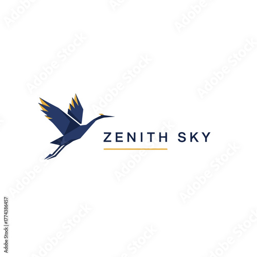 Elegant logo design featuring a stylized blue and gold crane in flight next to the text 'Zenith Sky' on a white background.