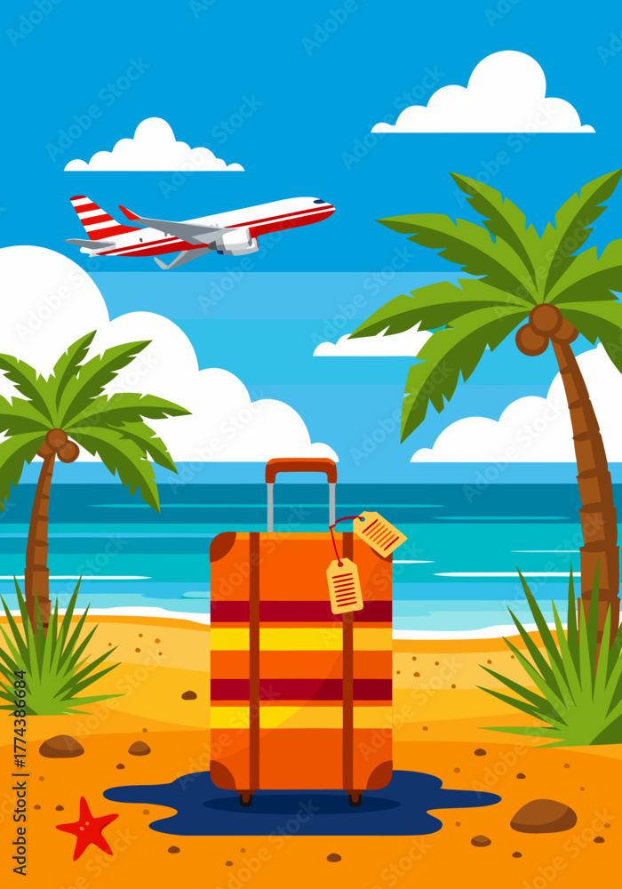 Obraz premium Colorful illustration of a suitcase on a beach with an airplane flying overhead, travel concept