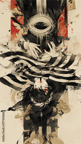 Mystical Ascension: An artistic illustration features a figure amidst an eye motif, ascending through layered patterns, exploring themes of transcendence and introspection.