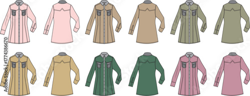 A diverse collection of illustrated women's long-sleeved shirts in various styles, patterns, and a wide range of fashionable colors, showcasing a versatile apparel concept