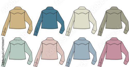 A collection of diverse colored long-sleeved denim jackets displayed in a grid formation for fashion inspiration and design reference