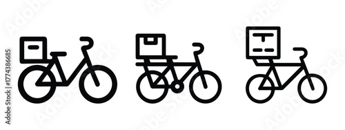 Delivery bike icon set, bicycle with cargo box vector symbol, food courier pictogram
