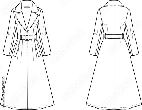 Technical trench coat sketch, front and back view, belted long coat, notched lapel collar, welt pockets, flared hemline, fashion illustration, vector drawing