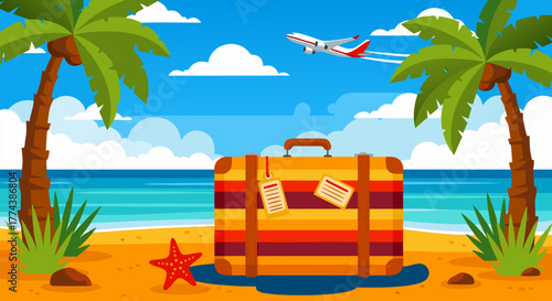 Vibrant tropical beach scene illustration with a vintage striped suitcase, palm trees, and an airplane overhead, evoking sunny summer vacation and travel dreams