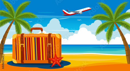 Colorful suitcase on a sunny tropical beach with an airplane flying overhead symbolizing a vacation getaway