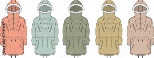 Fashion illustration of a collection of hooded parkas in various pastel color schemes