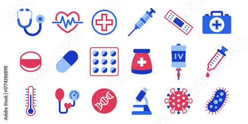 Medical and Healthcare Flat Colored Icon Bundle with Hospital, Medicine, and Laboratory Symbols