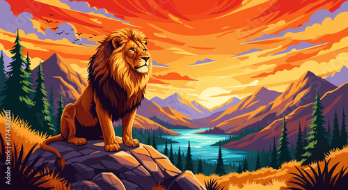 Majestic Lion Perched on Rocky Outcrop Overlooking Serene Mountain Valley at Sunset