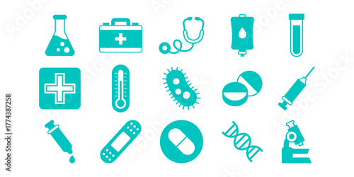 Medical and Science Flat Colored Icon Bundle with Laboratory, Health, and Pharmaceutical Symbols