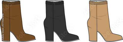 Fashion flat sketch technical drawing of women's heeled ankle boots in a set of three different colors