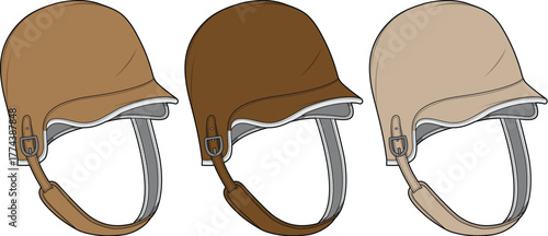 Vector collection of traditional equestrian jockey helmets in three distinct brown shades, illustrating essential protective headgear for horse riding sports and classic style