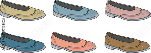 A delightful array of women's flat shoes presented in a charming collection of varying pastel and earthy tones, perfect for fashion illustrations and design projects