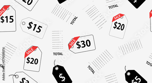 Seamless Pattern of Price Tags and Receipts for Shopping and Sales.