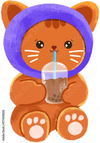 Cute, adorable cat drinking boba illustration