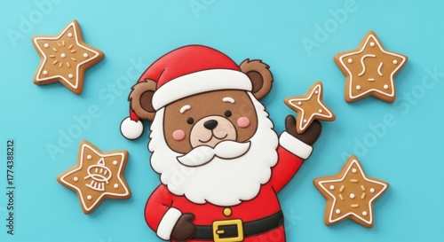 Charming Christmas Composition Featuring Santa Bear and Star Shaped Gingerbread Cookies