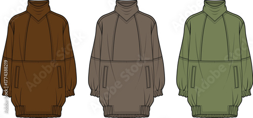 Fashion illustration of a casual pullover jacket with a high collar and pockets