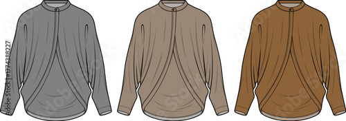 Stylish draped front cardigan fashion illustration template in three color options